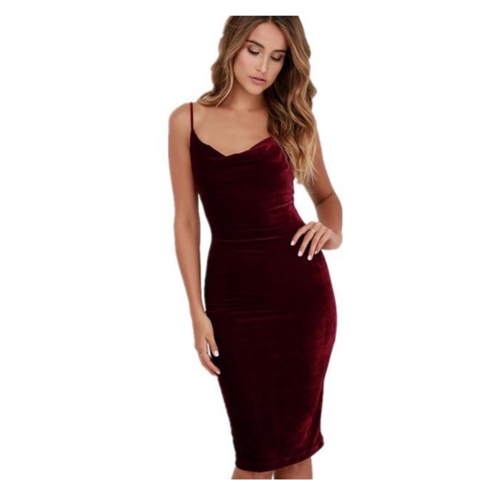 Burgundy Velvet Midi Spaghetti strap dress